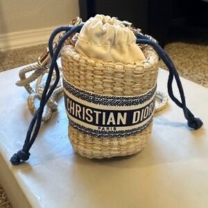 Christian Dior Straw Bucket Bag Navy Blue Ribbon‎ Drawstring Mini Charm Accents